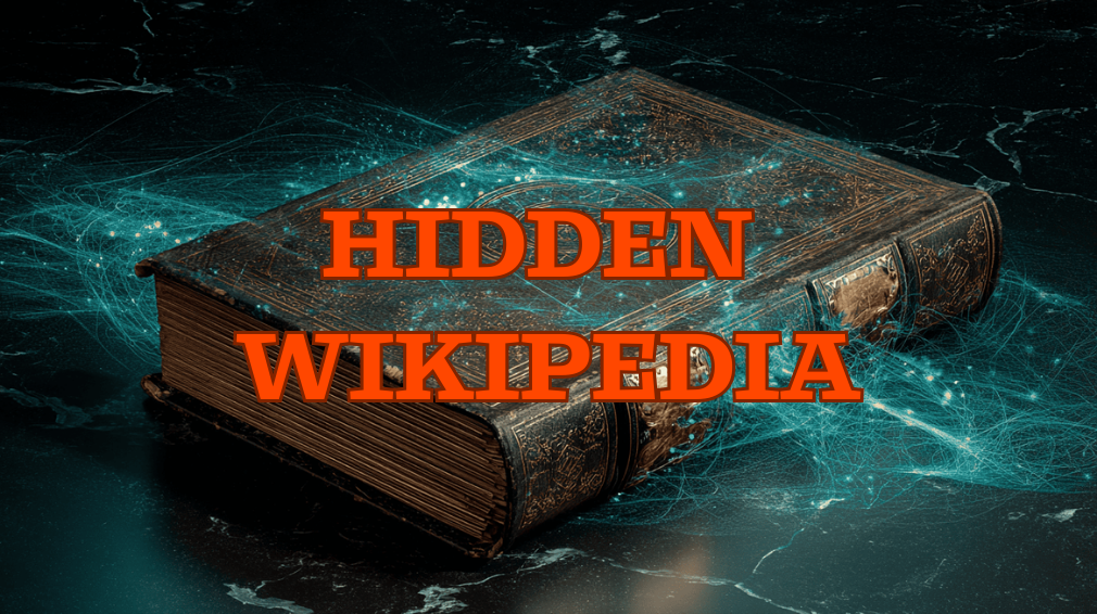 Antique encyclopedia with brass clasps on black marble surface displaying holographic digital network overlays and embossed Tor onion logo in moody teal lighting