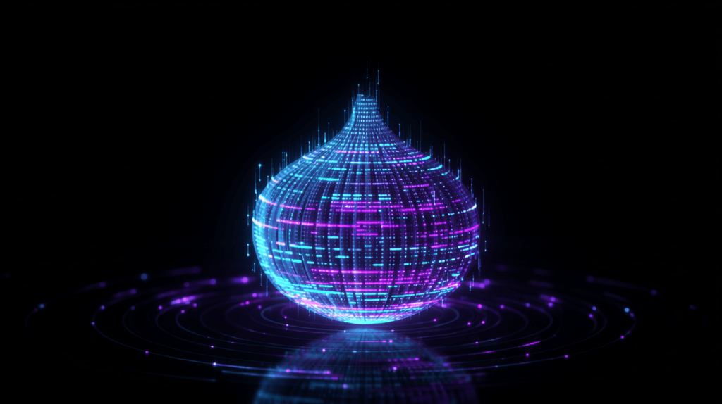Layered digital onion illustration with glowing blue cryptographic code layers and floating .onion address demonstrating how dark web domains use encryption